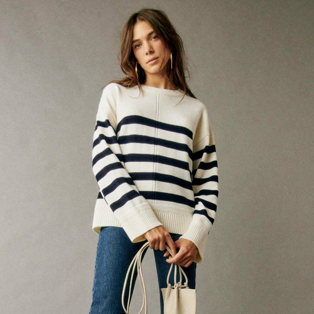 Like New Sezane Bastien 100% Merino Wool Striped Sweater Ecru Navy Medium